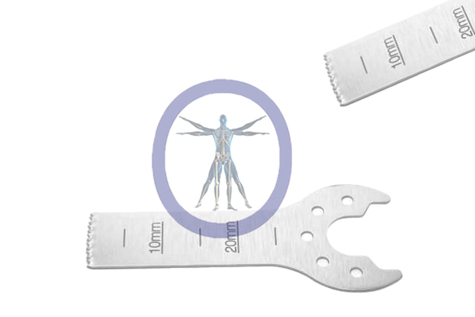 A human anatomy illustration within a magnifying glass, overlaying a 25.0 MM X 9.0 MM X 0.61 MM Small Bone Sagittal Blade – Conmed Micro Hub – OSSZMS-183 and ruler, suggesting precision in biomedical engineering.