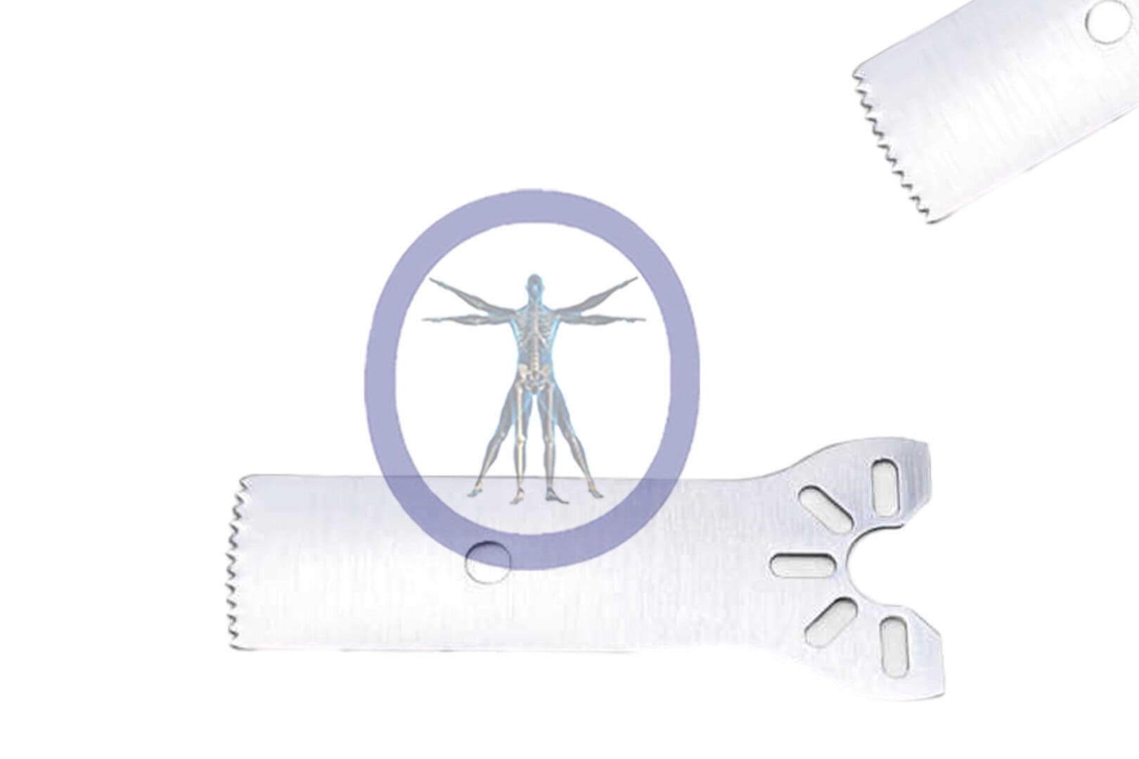Illustration of a human anatomy within a magnifying glass, superimposed on a transparent image of a 25.0 MM X 9.2 MM X 0.48 MM Small Bone Sagittal Blade – Stryker TPS Hub – OSSSM-3111 blade.