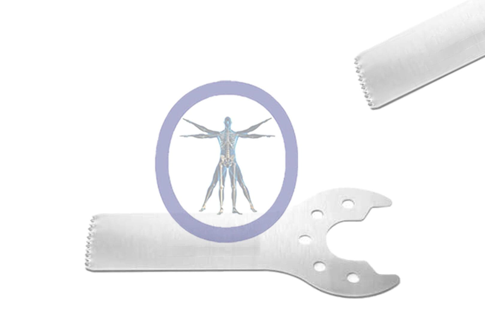 Illustration of a human anatomy diagram inside a circular frame, overlaid on an image of a 25.0 MM X 9.4 MM X 0.51 MM Small Bone Sagittal Blade – Conmed Micro Hub – OSSZMS-138 and a wrench in a cross shape, on a white background.