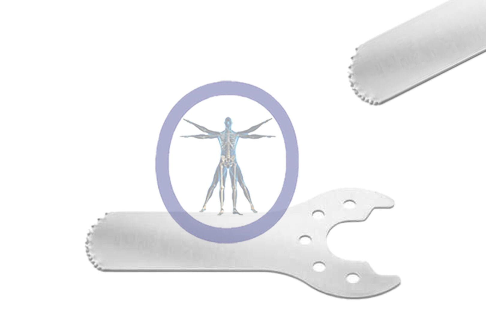 An illustration of a human anatomy within a circle, superimposed on a 25.0 MM X 9.4 MM X 0.59 MM Small Bone Sagittal Blade – Conmed Micro Hub – OSSZMS-118 resembling a combination wrench and surgical instrument.