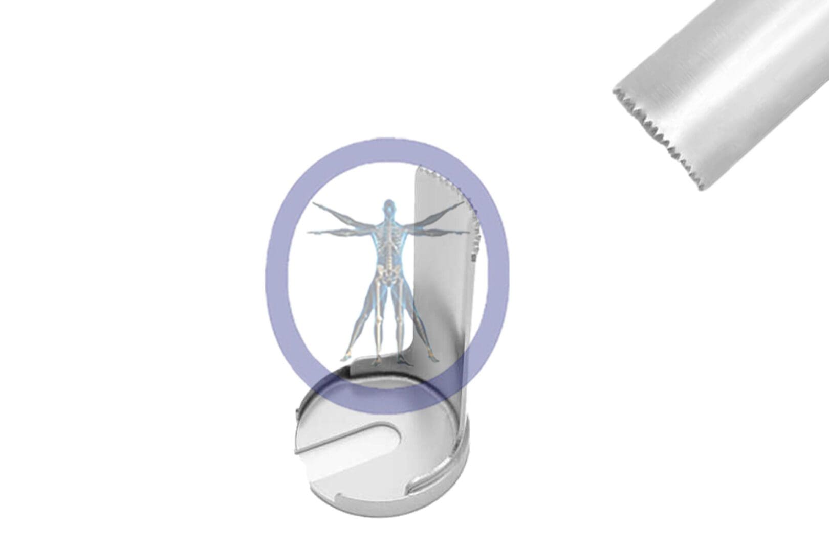 Illustration of a 26.0 MM X 13.9 MM X 0.64 MM Small Bone Crescent Sagittal Blade Conmed Style – OSSZM-171 model within a circle, highlighted by a magnifying glass, against a white background.