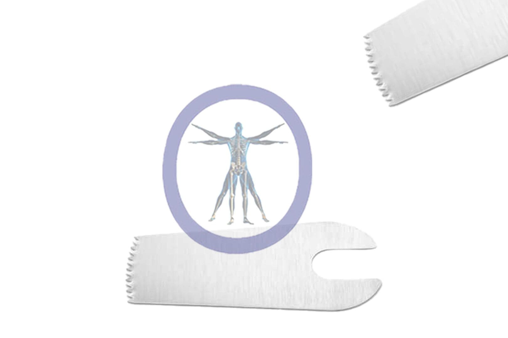 A digital illustration of the 26.0 MM X 14.0 MM X 0.60 MM Small Bone Sagittal Blade Conmed Style – OSSZM-237 with visible anatomical structures, encircled in lavender, centered on a white puzzle piece with another piece beside it.