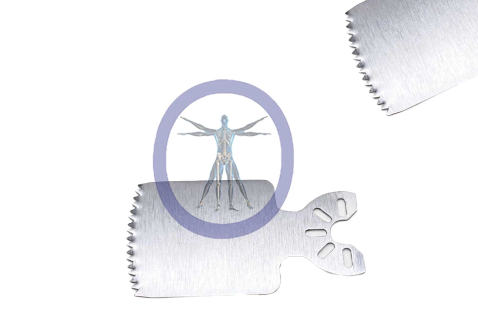 Human body anatomy depicted within a 26.0 MM X 19.1 MM X 0.64 MM Small Bone Sagittal Blade Stryker Style puzzle piece, surrounded by a magnifying glass, symbolizing medical analysis or study.