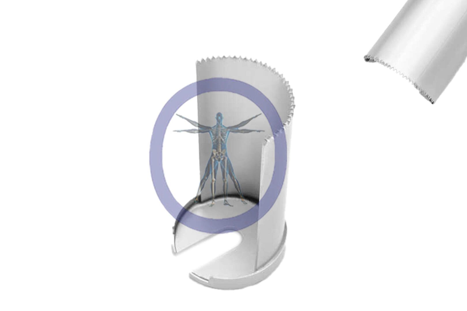 Anatomical model of a human encased in a semi-transparent cylinder with a symbol, next to an opened 26.0 MM X 28.0 MM X 0.64 MM Small Bone Sagittal Blade Conmed Style – OSSZM-172 container.