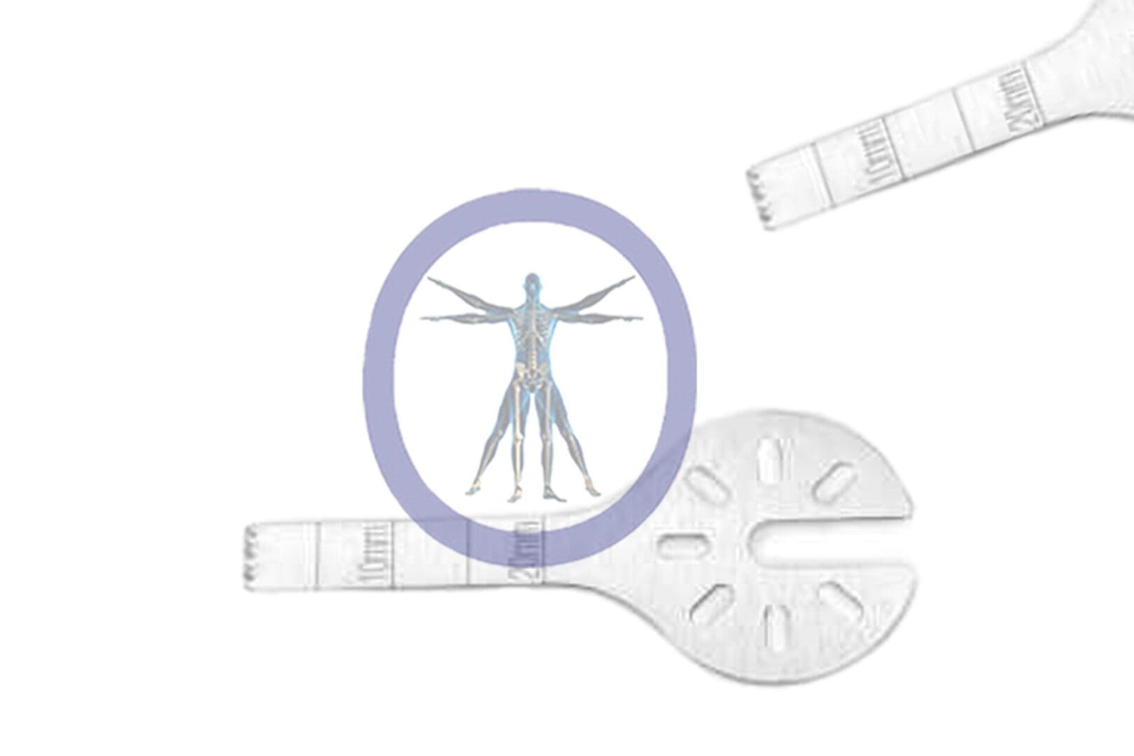 Illustration of a human anatomy diagram centered within a 26.0 MM X 4.7 MM X 0.62 MM Small Bone Sagittal Blade Dyonics Style – OSSSN-5806, flanked by two measuring tapes, against a white background.