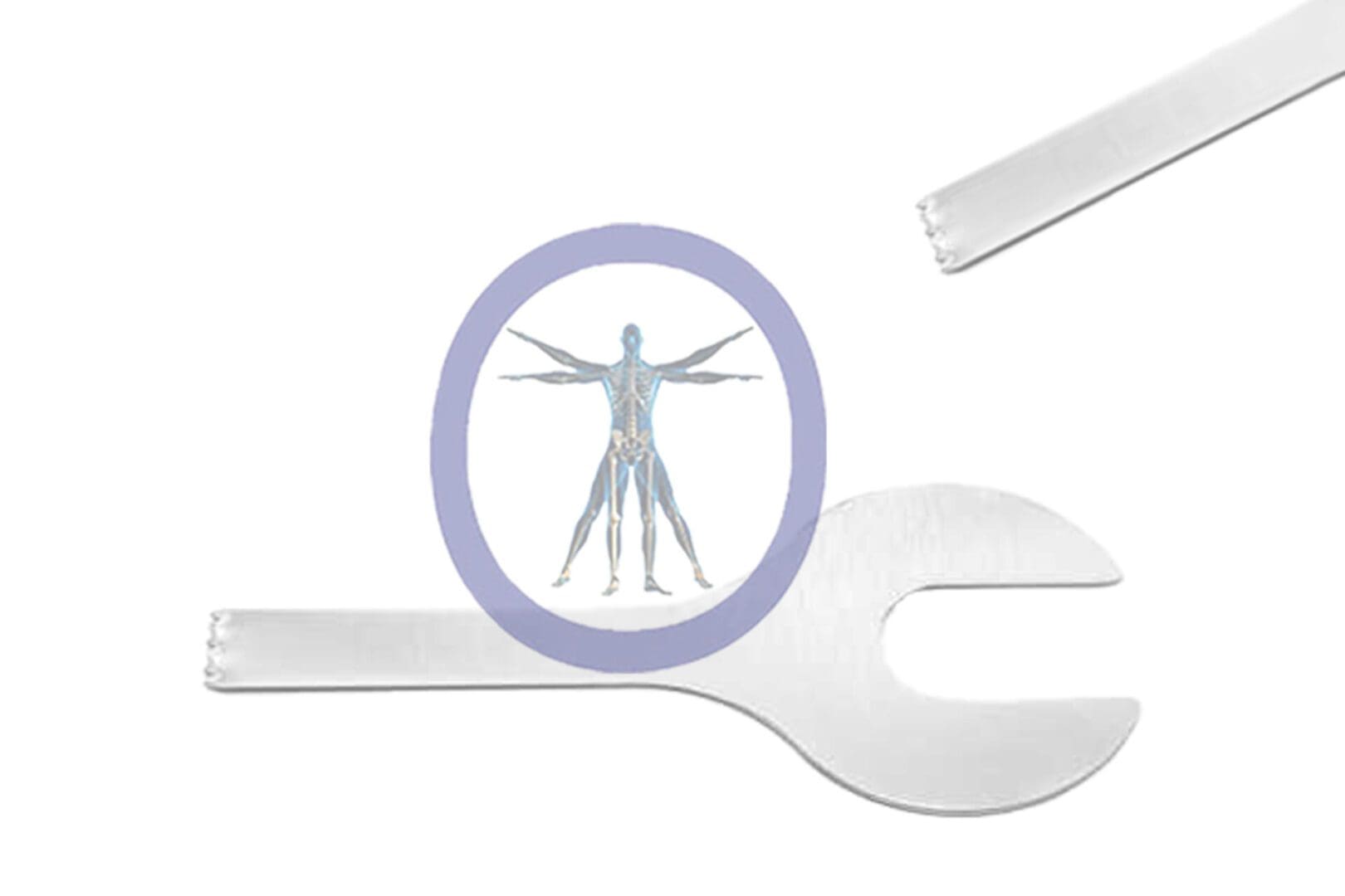 Graphic showing a human anatomy illustration inside a magnifying glass, overlaid on a 26.0 MM X 5.9 MM X 0.60 MM Small Bone Sagittal Blade Conmed Style – OSSZM-232, against a white background.