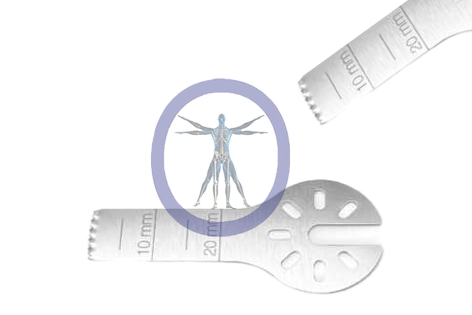 Illustration of a human body inside a circle, superimposed on a 26.0 MM X 8.9 MM X 0.60 MM Small Bone Sagittal Blade Dyonics Style – OSSSN-5804 and a wrench, symbolizing the integration of human biology with engineering and measurements.
