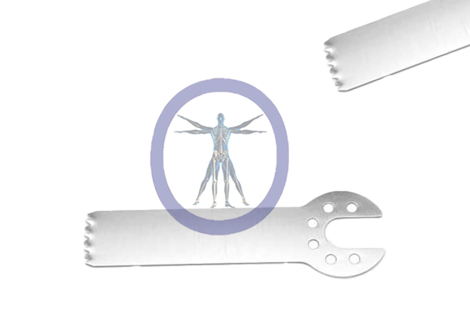 Illustration of a human anatomy diagram inside a circle, overlaid on a 26.0 MM X 9.0 MM X 0.61 MM Small Bone Sagittal Blade Synthes Style – OSSSSE-3190, with torn paper edges on the top side.