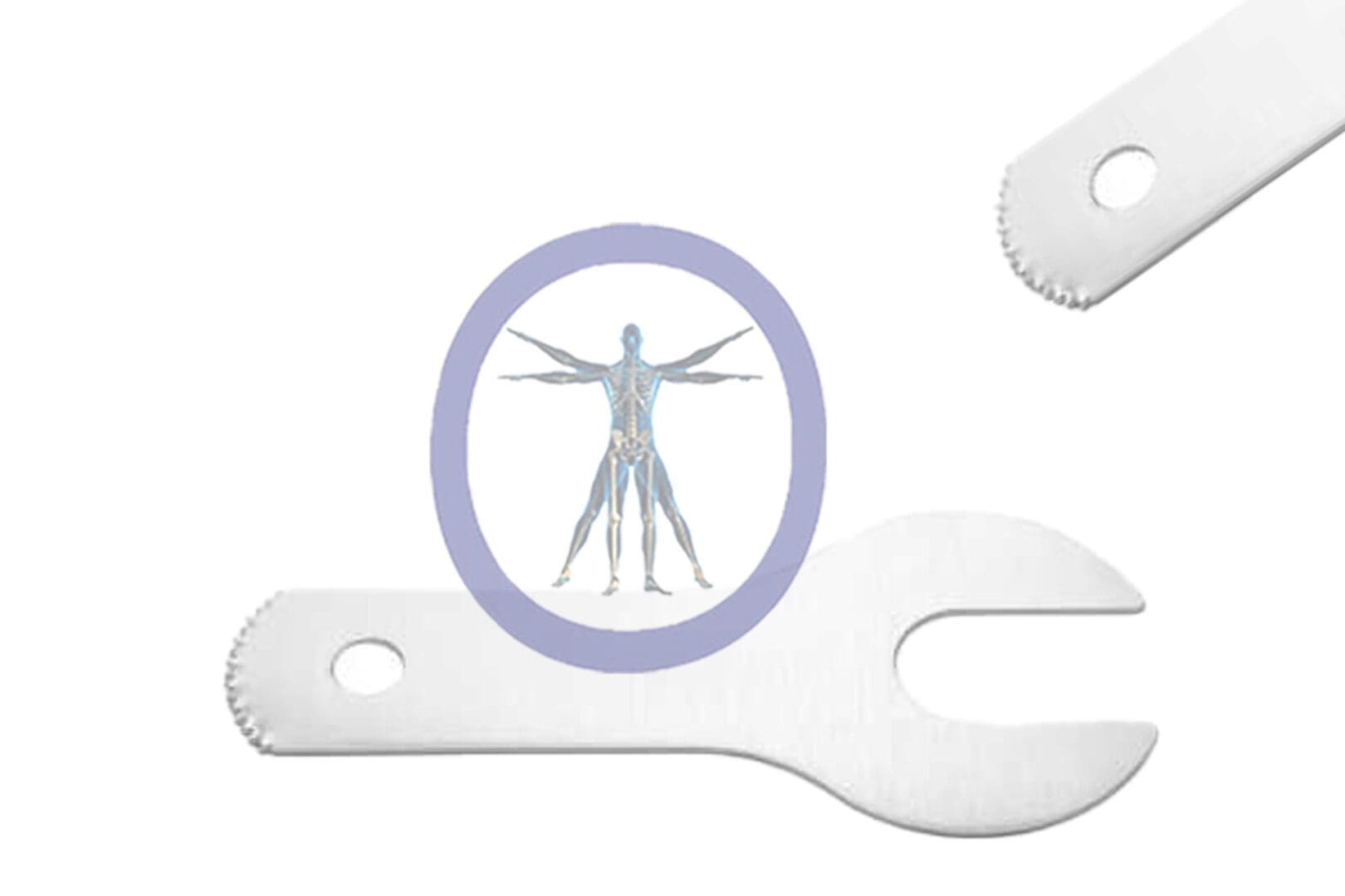 An illustration of a 26.0 MM X 9.4 MM X 0.61 MM Small Bone Sagittal Blade Conmed Style – OSSZM-218 with a medical diagram of a human circulatory system overlaid within a circle at the center.