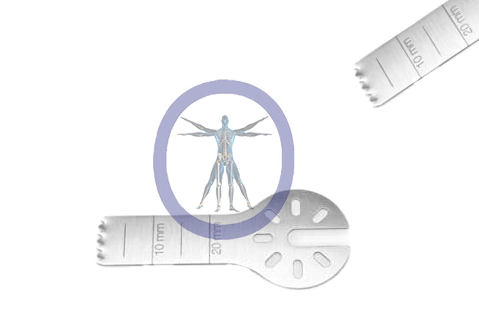 Anatomical illustration of a Small Bone Sagittal Blade Dyonics Style within a circle, superimposed on an image of a measuring tape, implying body measurement or health metrics.