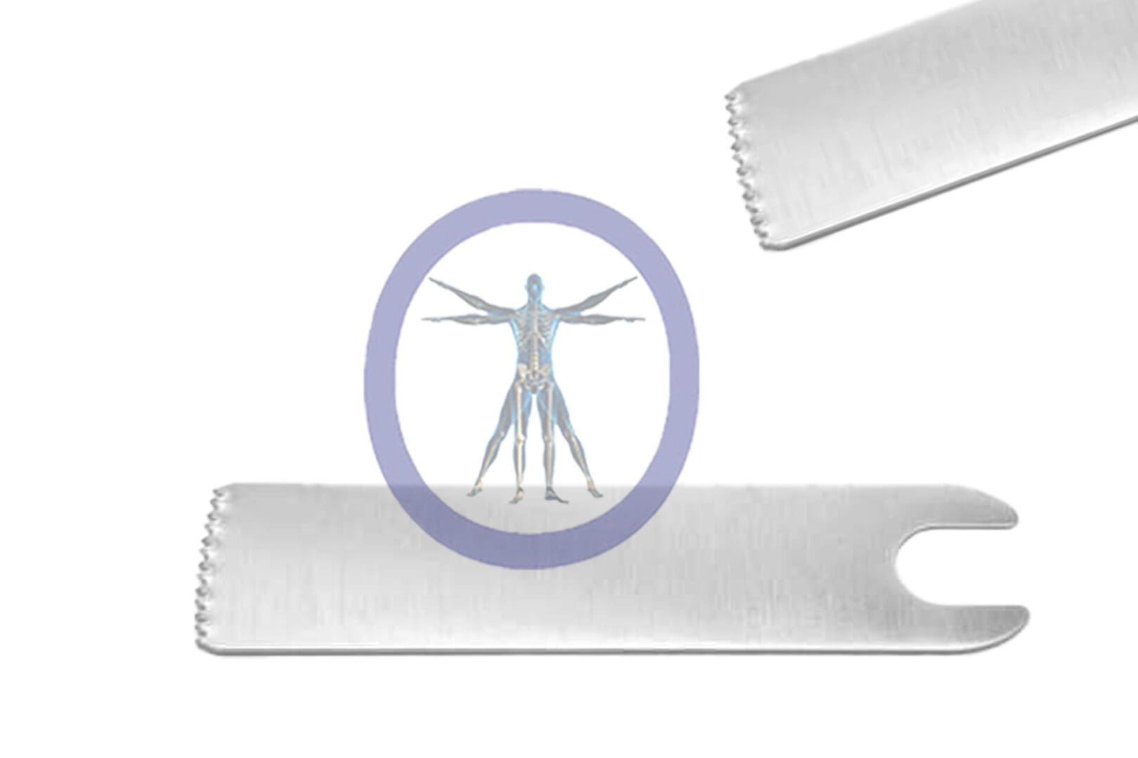 Illustration of the vitruvian man by leonardo da vinci placed between two 26.0 MM X 9.5 MM X 0.57 MM Small Bone Oscillating Blades Conmed Style – OSSZM-065, implying a conceptual connection or contrast.