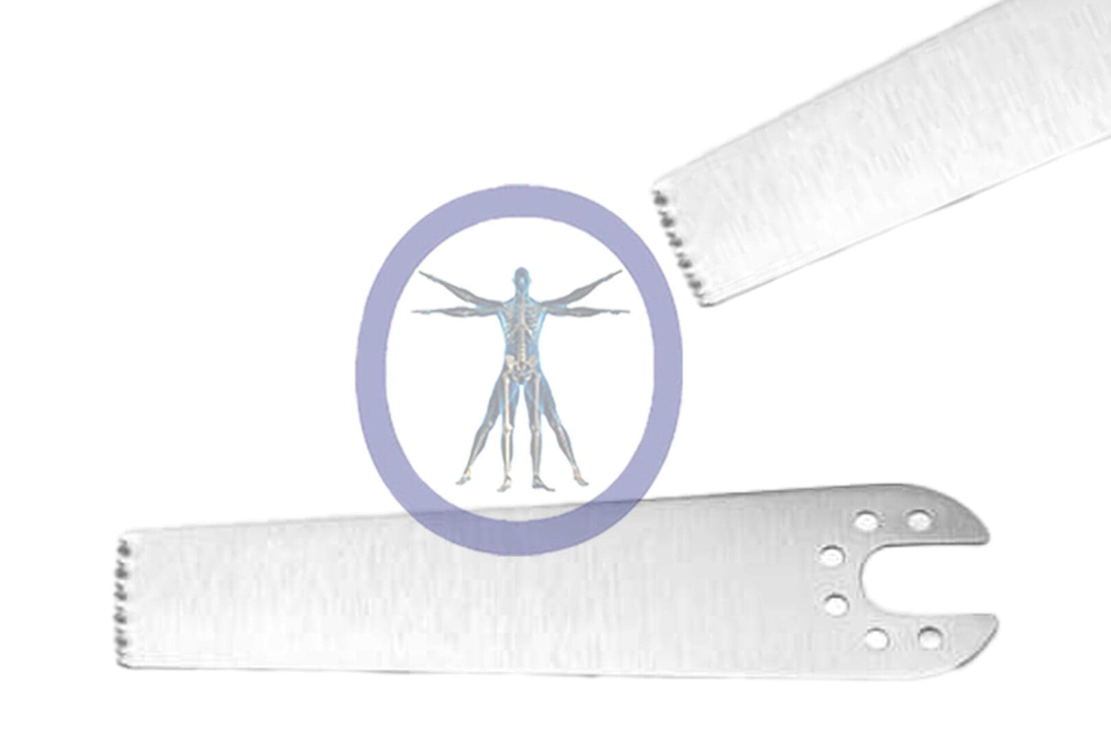 An image of a medical illustration of a human body in a circled overlay on a 26.0 MM X 9.5 MM X 0.60 MM Small Bone Sagittal Blade Synthes Style – OSSSSE-4095.