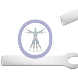 Illustration of a human anatomy diagram within a circle, overlaying a 28.5 MM X 5.8 MM X 0.60 MM Small Bone Oscillating Blade Conmed Style – OSSZM-264, with two rolled pieces of paper on top and bottom.