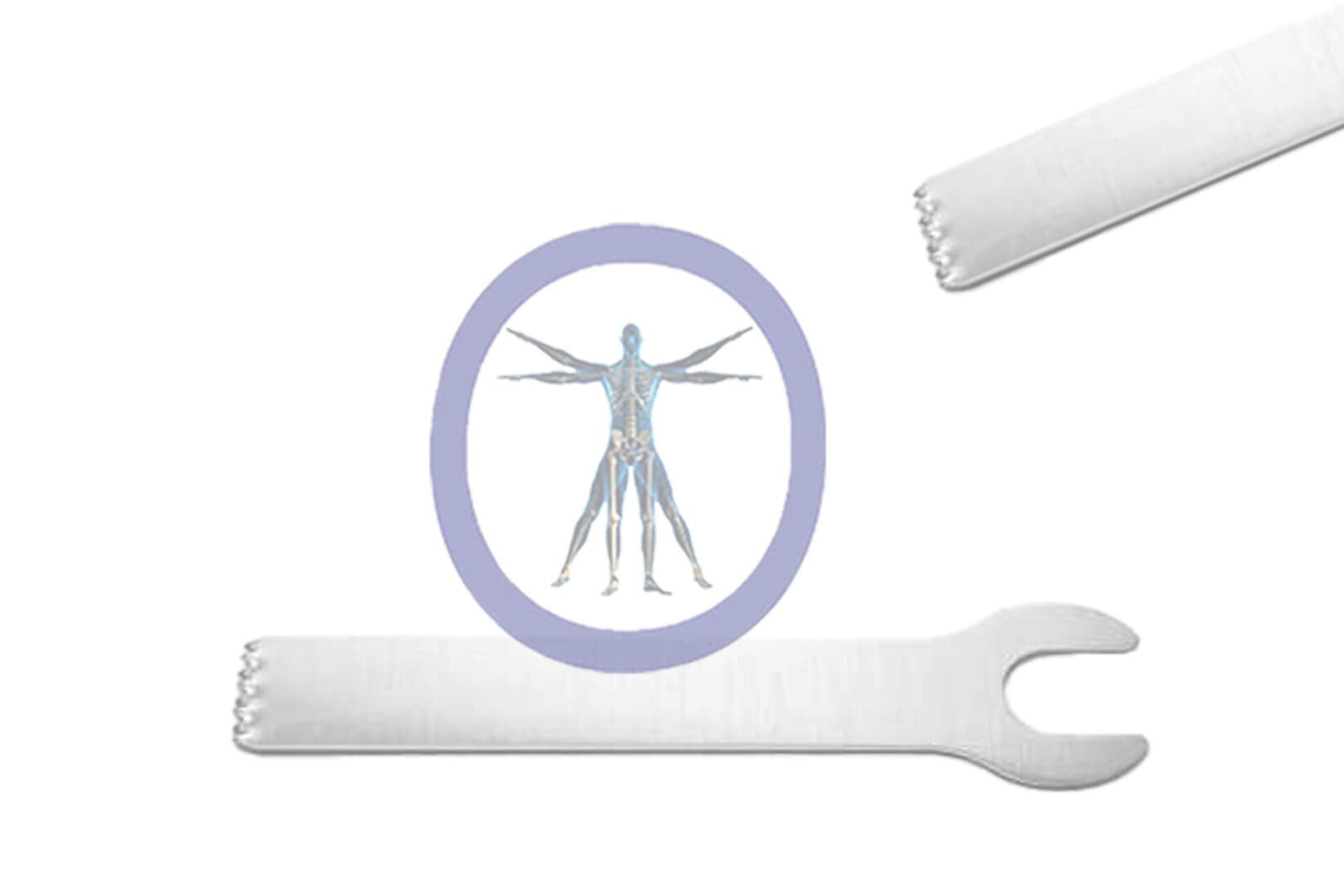 Illustration of a human anatomy diagram within a circle, overlaying a 28.5 MM X 5.8 MM X 0.60 MM Small Bone Oscillating Blade Conmed Style – OSSZM-264, with two rolled pieces of paper on top and bottom.