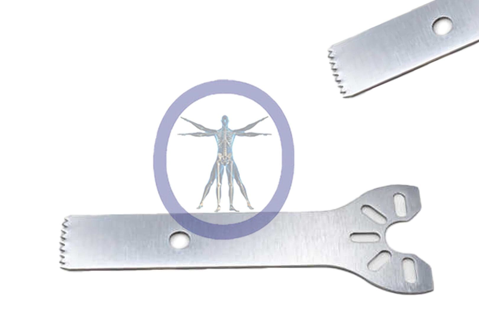29.5 MM X 7.0 MM X 0.48 MM Small Bone Sagittal Blade with a human anatomy illustration in the center, superimposed on a metallic, multi-notched tool background.