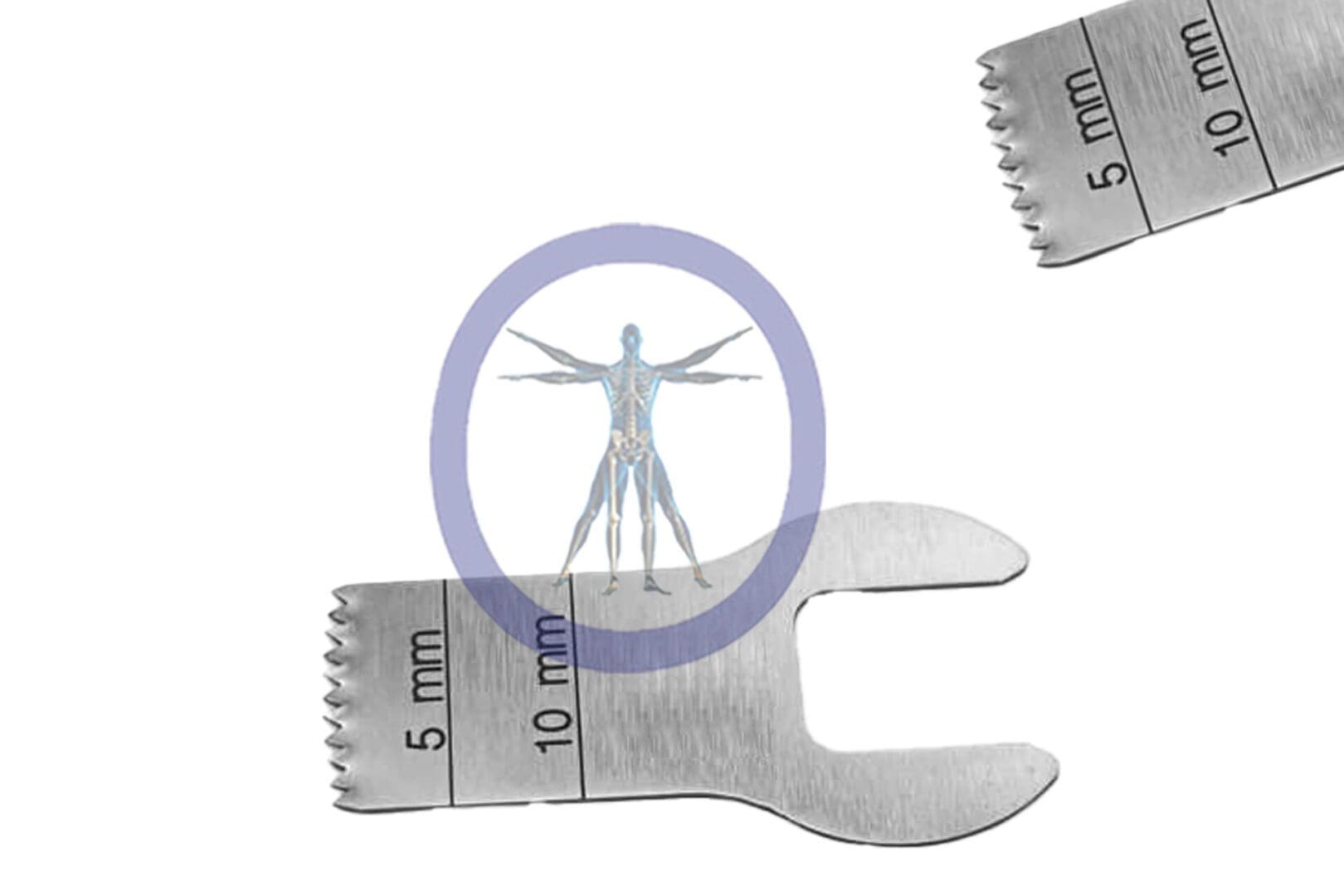 Two surgical instruments with a human figure in the middle.
