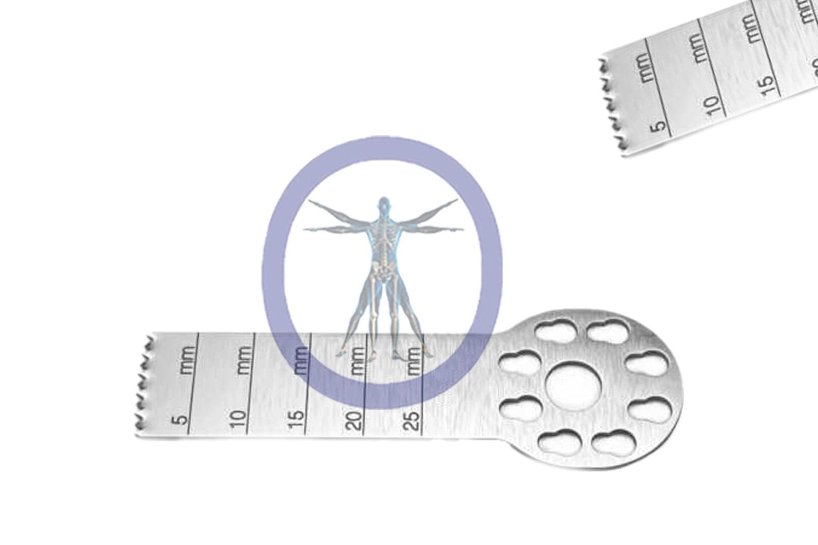 Illustration of a 30.0 MM X 10.2 MM X 1.02 MM Small Bone Sagittal Blade – 3M Micro Hub – OSSOK-124 figure centered within a circle, superimposed on images of a ruler and a gauge, both measuring scale and dimensions.