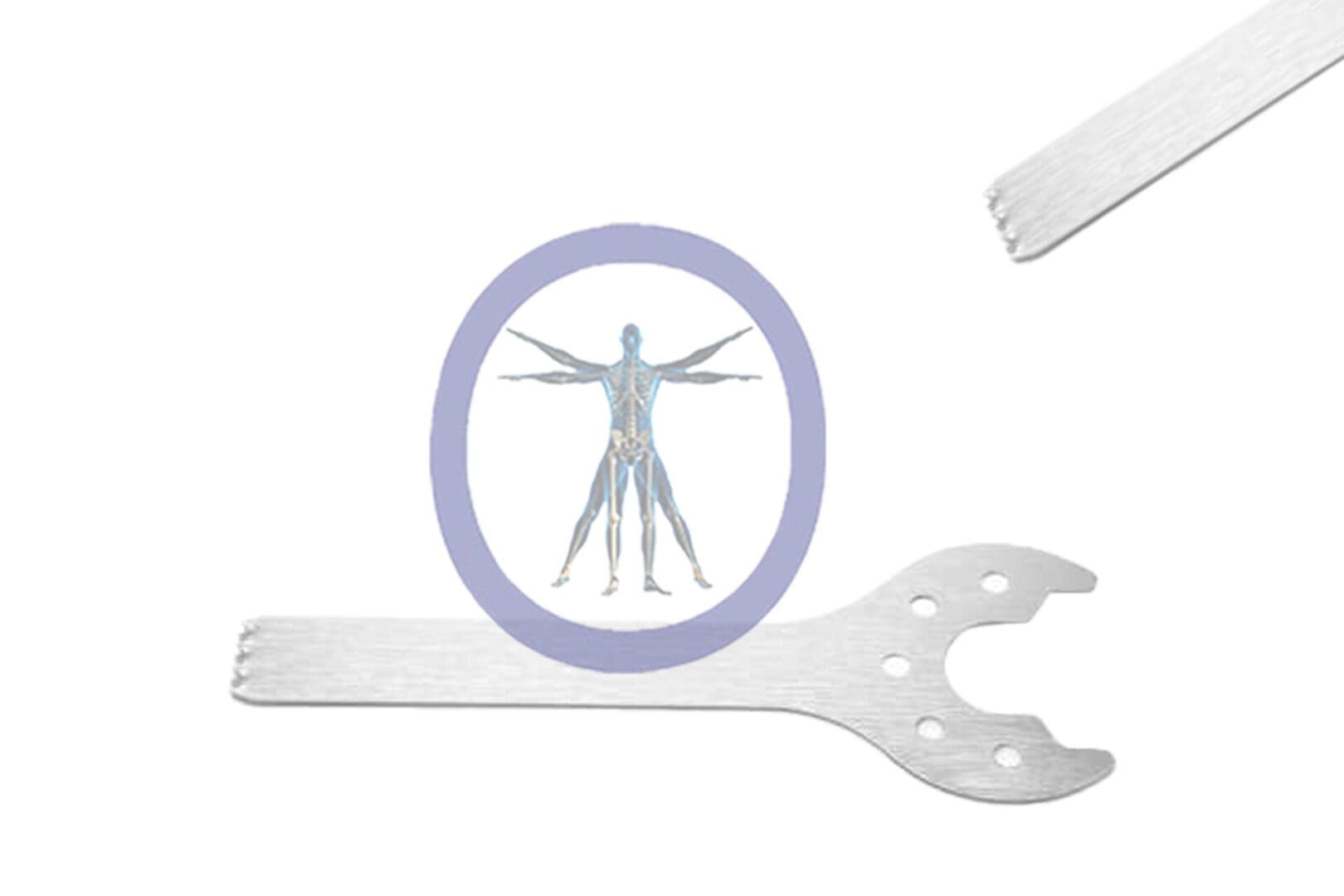 A graphic featuring a 30.0 MM X 5.8 MM X 0.60 MM Small Bone Sagittal Blade – Conmed Micro Hub – OSSZMS-141 illustration within a purple circle, positioned above a silver paint palette and next to a paintbrush.