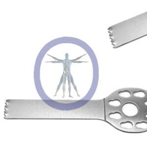 Sentence with product name: Anatomical illustration of a human body displayed between two 30.0 MM X 6.4 MM X 1.02 MM Small Bone Sagittal Blades – 3M Micro Hub – OSSOK-122 on a white background.