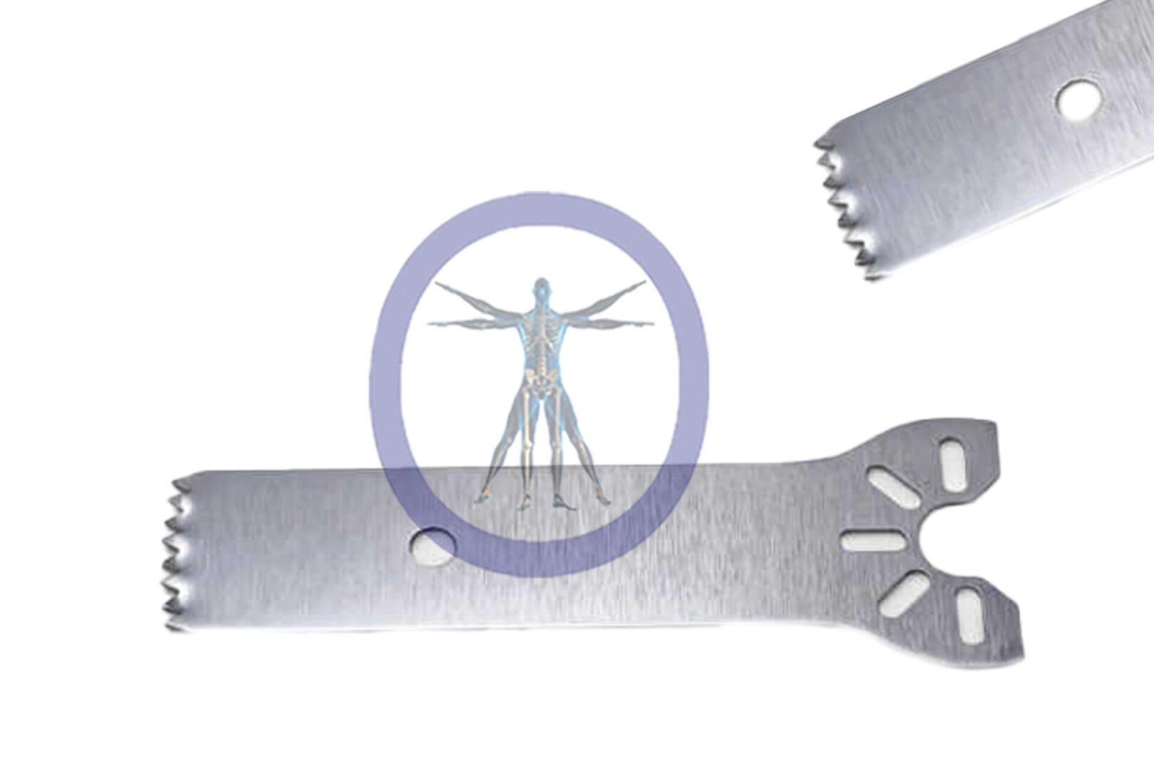 Illustration of 31.0 MM X 9.0 MM X 0.43 MM Small Bone Sagittal Blade centered in a purple circle, superimposed on a metallic multi-tool with various wrench sizes and a serrated edge.