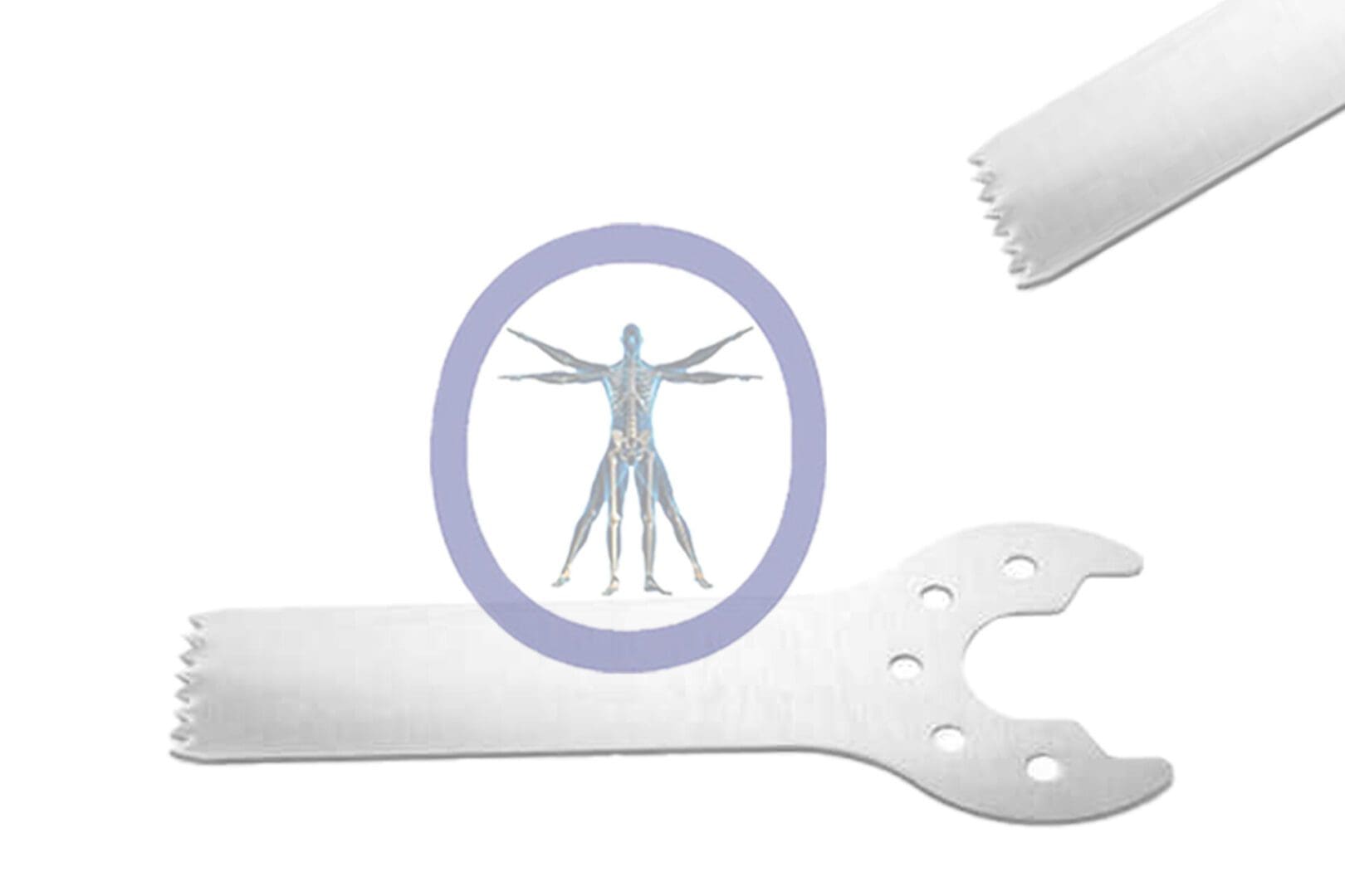 Illustration of a 31.0 MM X 9.0 MM X 0.48 MM Small Bone Sagittal Blade overlay within a circle, superimposed on a spanner and rolled engineering blueprints.