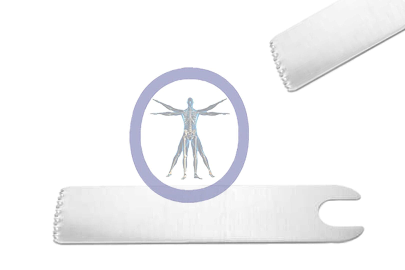 A digital illustration of a 31.2 MM X 9.5 MM X 0.60 MM Small Bone Oscillating Blade Conmed Style – OSSZM-273 with visible internal systems inside a circle, placed on a white, ruler-like background.