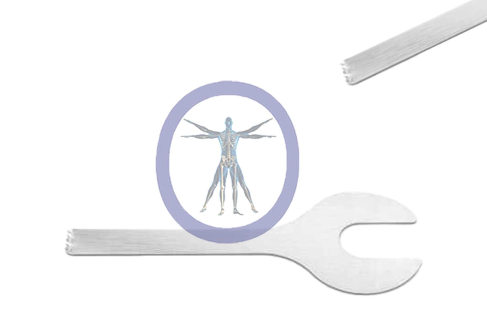 An illustration of a 34.0 MM X 4.4 MM X 0.60 MM Small Bone Sagittal Blade Conmed Style – OSSZM-242 diagram within a circular frame, positioned between a wrench and a mechanical part, on a white background.