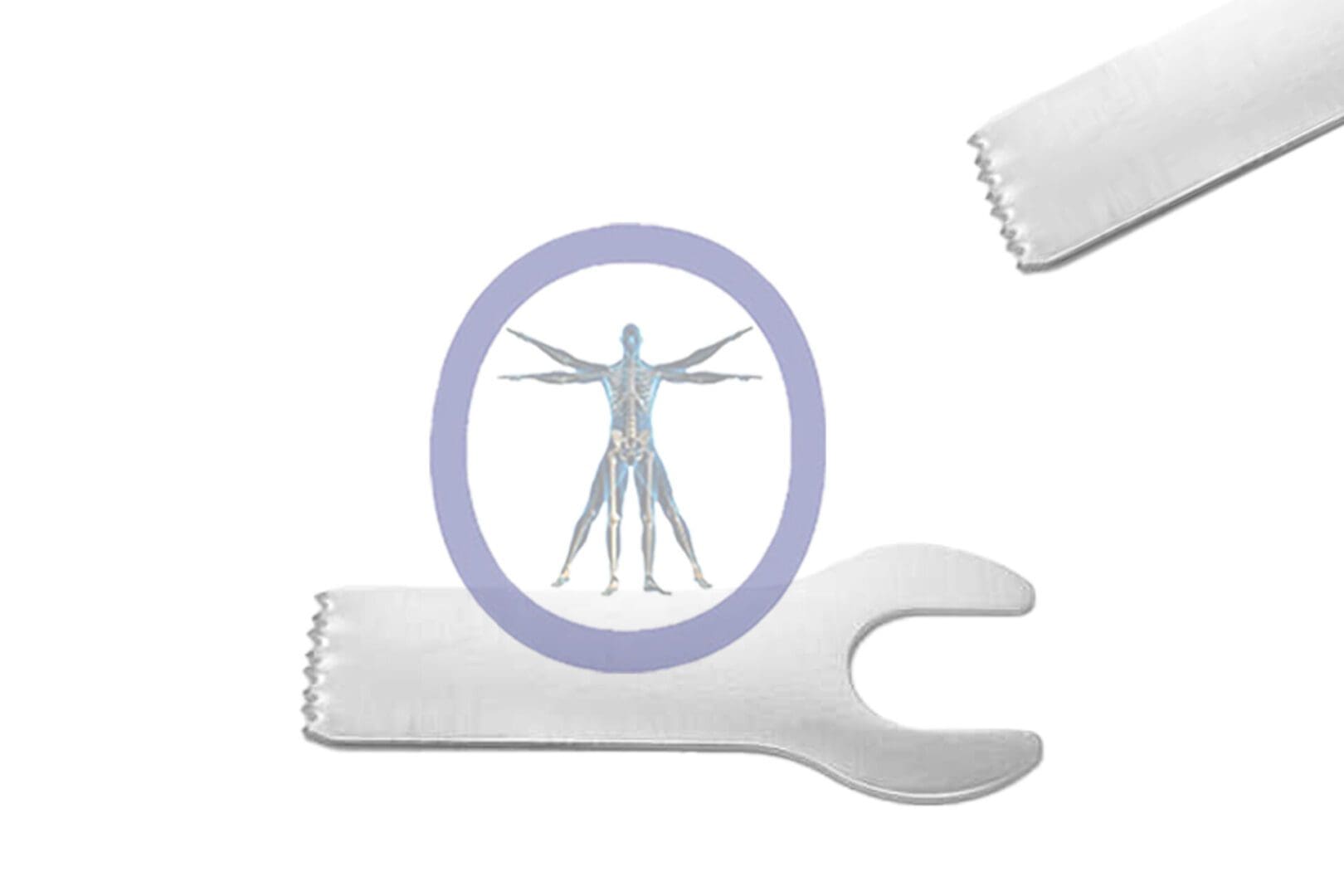 Two surgical instruments with a purple circle containing a human body.