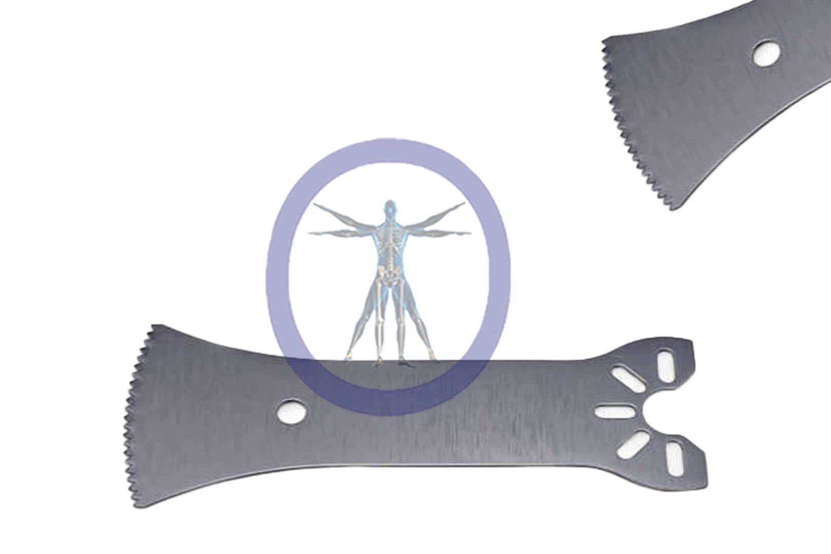 Illustration of two 40.0 MM X 13.0 MM X 0.48 MM Small Bone Sagittal Blades with a translucent human anatomy diagram overlay in the center circle.