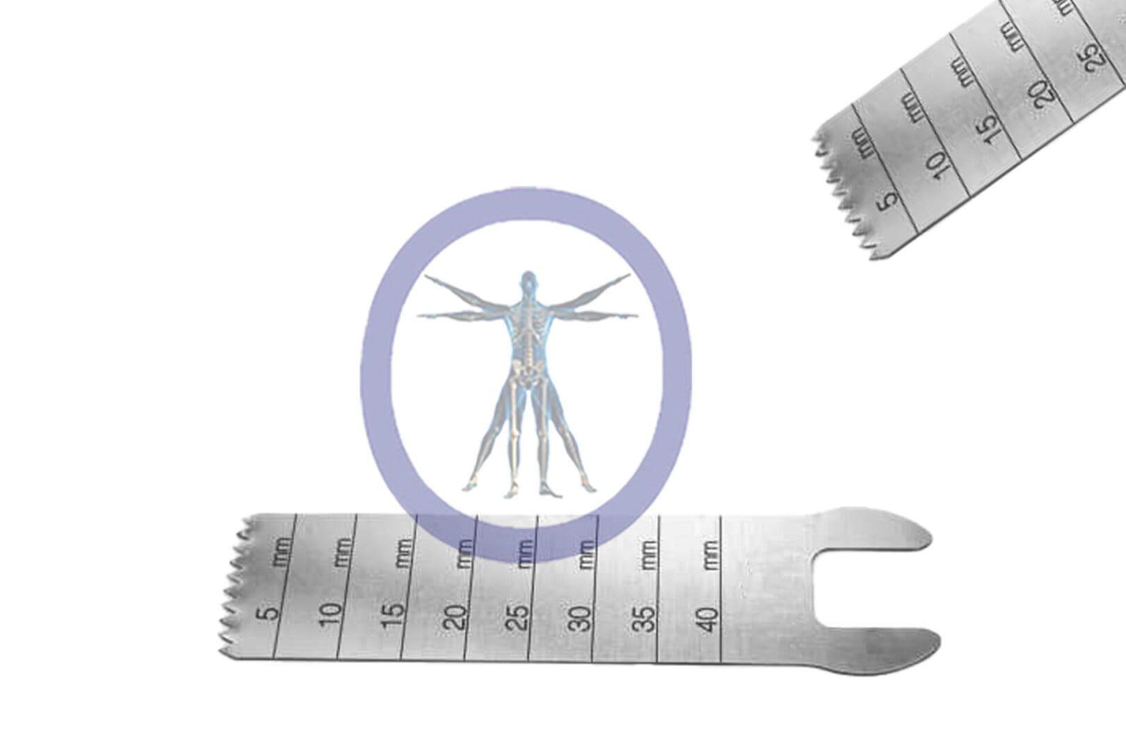 An illustration of a 40.0 MM X 14.0 MM X 0.64 MM Small Bone Sagittal Blade – 3M Micro Hub – OSSOK-155 within a circle, overlaid on an image of a metallic wrench and a measuring tape.