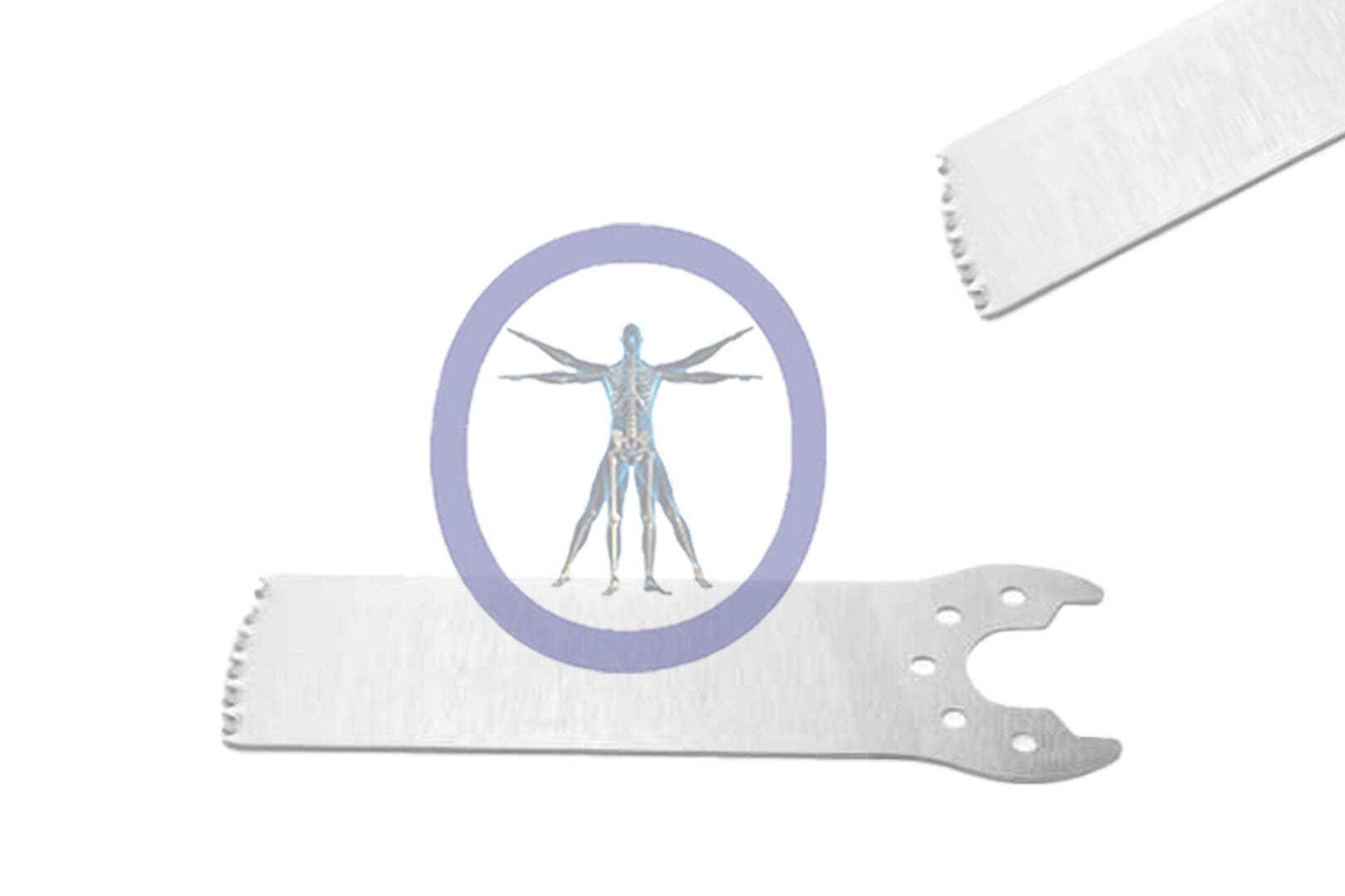 A vitruvian man illustration within a blue circle, superimposed on a 40.0 MM X 14.2 MM X 0.59 MM Small Bone Sagittal Blade – Conmed Micro Hub – OSSZMS-133.