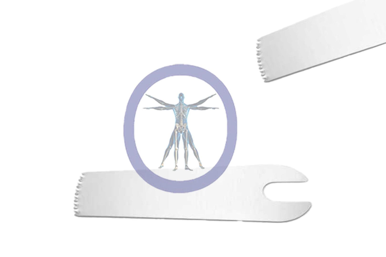 An illustration of a human anatomy diagram within a circle, placed on a 40.0 MM X 14.2 MM X 0.60 MM Small Bone Sagittal Blade Conmed Style – OSSZM-233 with a muted background.