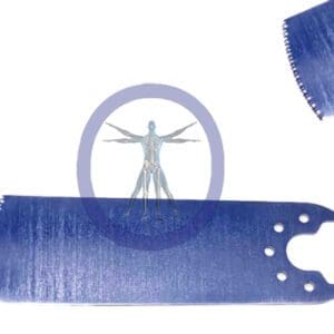 A digital collage featuring the 40.0 MM X 19.1 MM X 0.59 MM Small Bone Sagittal Blade by Conmed Micro Hub – OSSZMS-027, superimposed on blue denim fabric textures with a circular purple overlay.