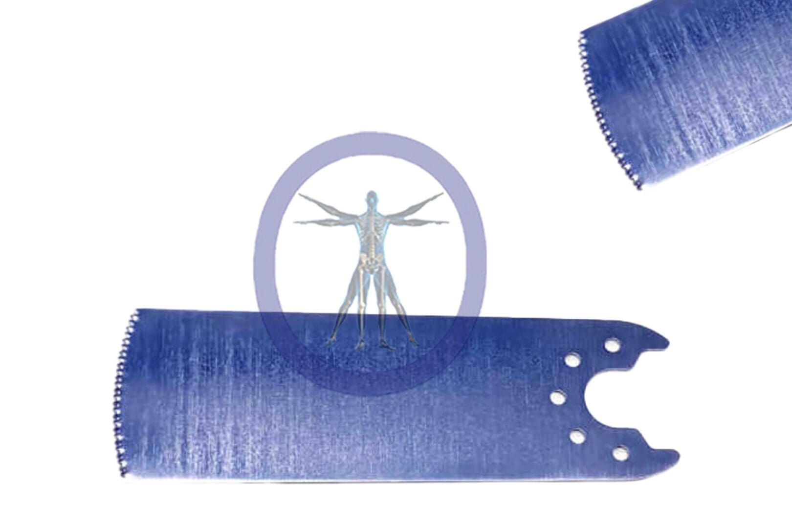 A digital collage featuring the 40.0 MM X 19.1 MM X 0.59 MM Small Bone Sagittal Blade by Conmed Micro Hub – OSSZMS-027, superimposed on blue denim fabric textures with a circular purple overlay.