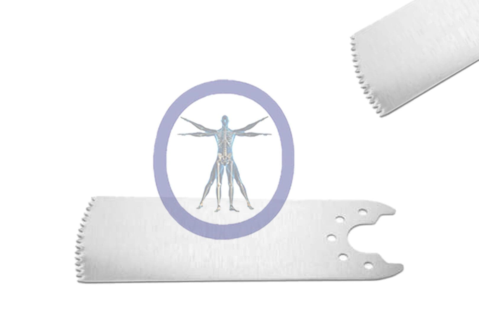 A roll of 40.0 MM X 19.1 MM X 0.59 MM Small Bone Sagittal Blade fabric with a torn edge is displayed, featuring a circle emblem showing a figure of a human musculoskeletal system in the center.