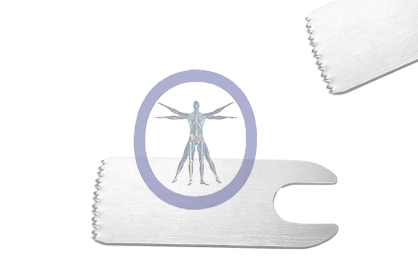 Two metal surgical instruments with a purple circle containing a human body.