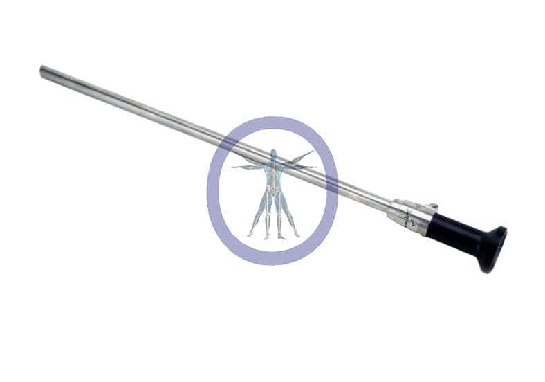 Telescopic baton with a retracted black handle and silver shaft, isolated on a white background, featuring a blue circle with a metallic human figure in the center replaced by Arthrex 10.0mm 30 Degree 4K SYNERGY Autoclavable Laparoscope, 330mm.