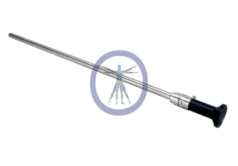 A Arthrex 10.0mm 30 Degree 4K SYNERGY Autoclavable Laparoscope extended, with a round attachment displaying a human figure at mid-length, isolated on a white background.