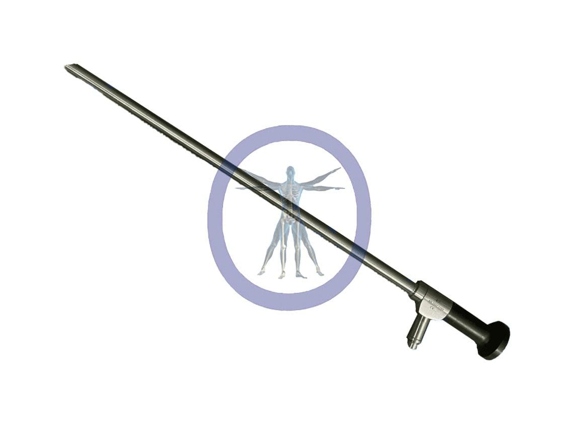 A vitruvian man symbol inside a circle, positioned behind a horizontally aligned Arthrex 10.0mm 45 Degree 4K SYNERGY Autoclavable Laparoscope, 355mm.