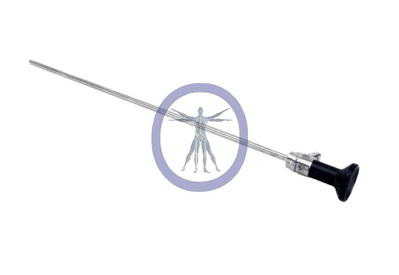 A fencing foil with a transparent circular guard showcasing a miniature figure of the Arthrex 5.5mm 0 Degree 4K SYNERGY Autoclavable Laparoscope, Long, 424mm by leonardo da vinci.