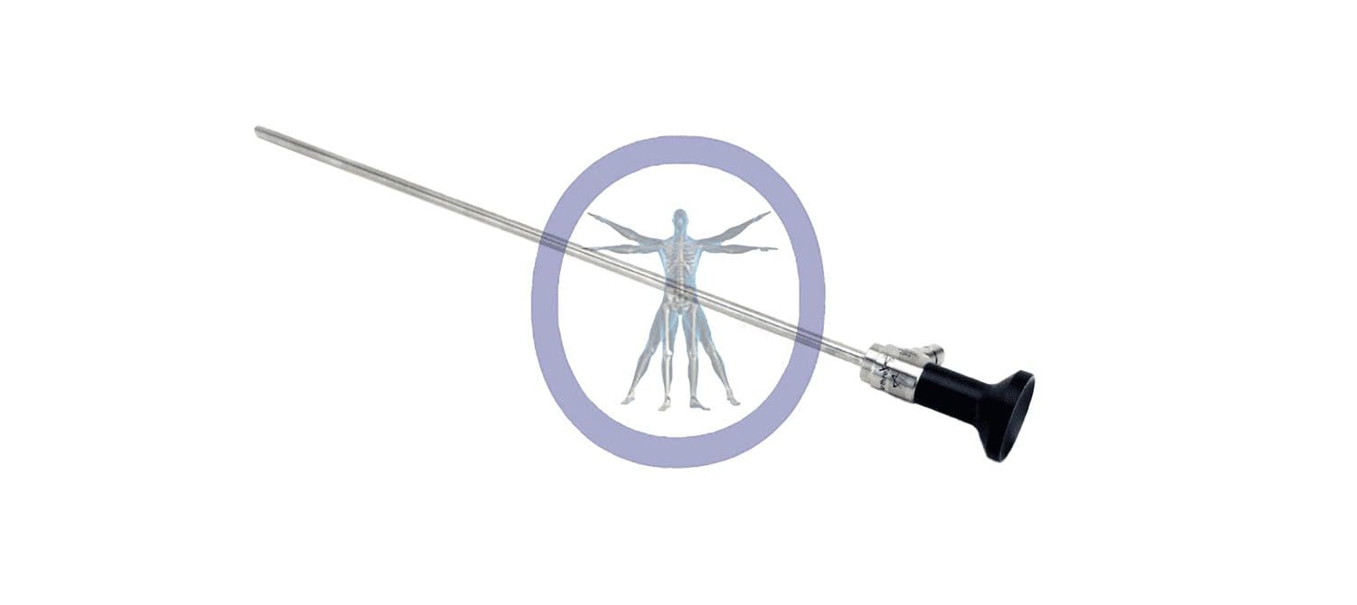 A medical syringe with a long needle, superimposed on a purple circle containing the Arthrex 5.5mm 30 Degree 4K SYNERGY Autoclavable Laparoscope, Long, 424mm illustration.