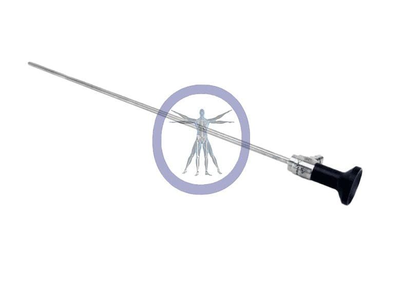 A syringe with a long needle, featuring a small figure of a human pierced by the needle, centered in a purple circle, Arthrex 5.5mm 45 Degree 4K SYNERGY Autoclavable Laparoscope, Long, 425mm
