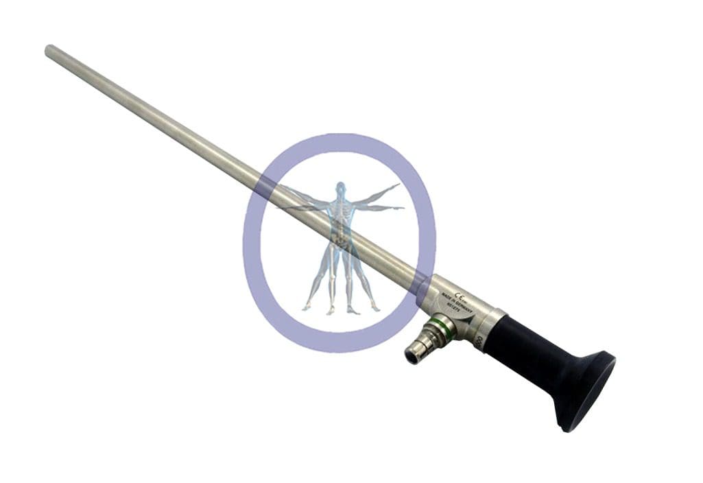 A Conmed-HD1001 10.0 mm 0º HD Autoclavable Laparoscope with a reel, overlaid with a purple circle containing a translucent image of a neuron.