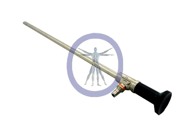An illustration of a Conmed-HD1044 10.0 mm 45° HD Autoclavable Laparoscope with a transparent anatomical figure in the guard, on a plain background.