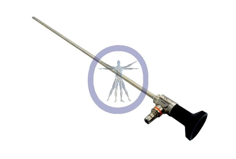An Conmed-HD5544 5.5 mm 45° HD Autoclavable Laparoscope with a long, narrow nozzle, superimposed with a prohibition sign featuring a human figure, all against a white background.
