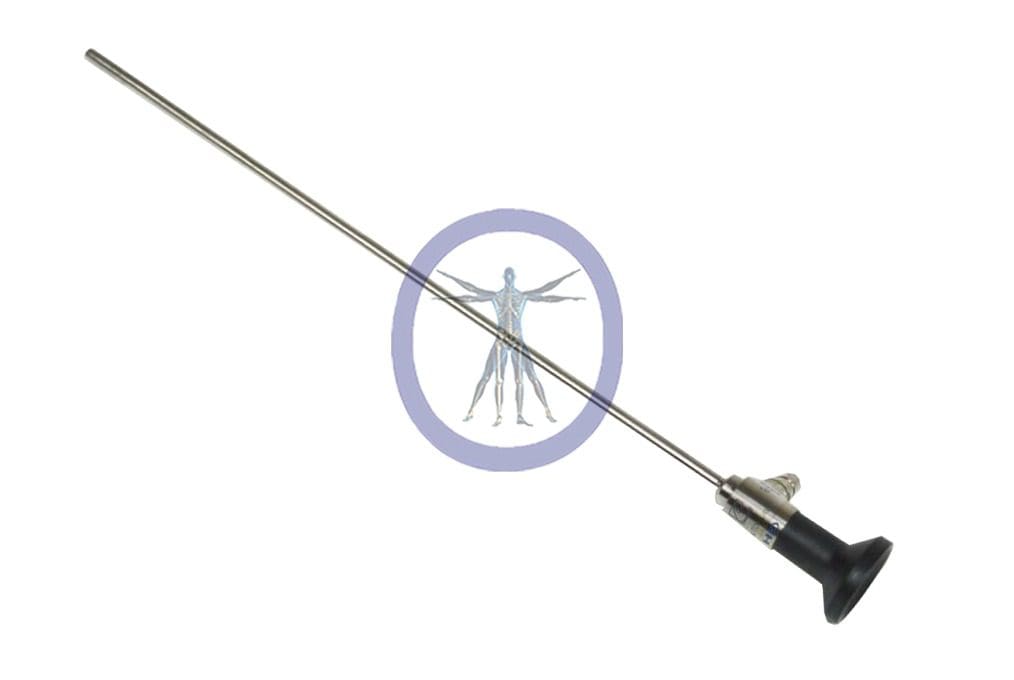 A Conmed-HD5545 5.5 mm 45º HD Autoclavable Laparoscope with a circular guard featuring a white silhouette of a fencer on a purple background.