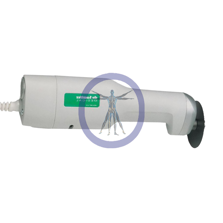 A handheld DeSoutter Medical Clean Cast CC4 Electric Cast Saw with a magnified view showing a detailed human skeletal structure inside a circular frame.