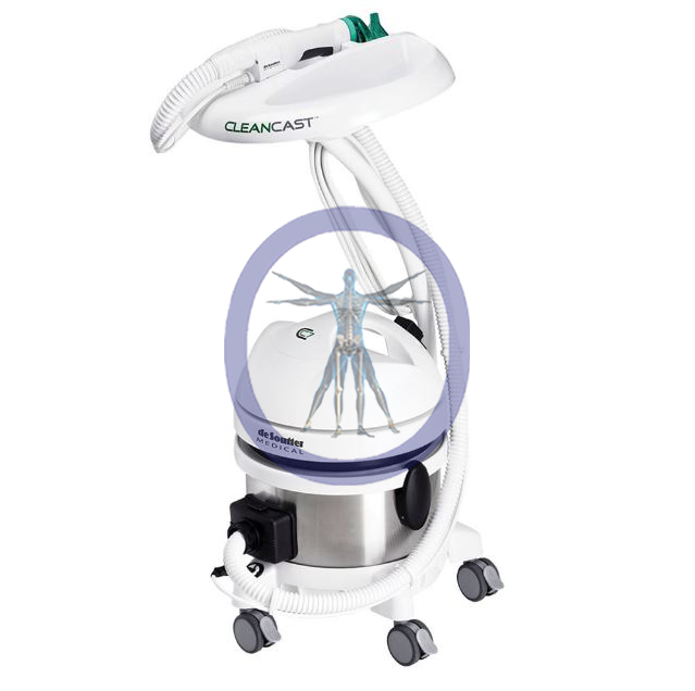 A DeSoutter Medical Clean Cast CC7 Electric Cast Saw with a white and chrome body, featuring an attached hanger and a control panel.
