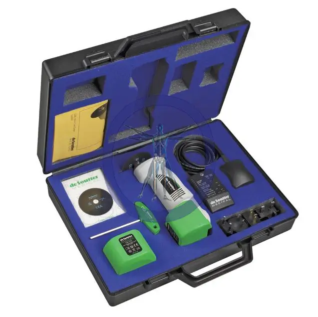 Open blue case displaying various electronic devices and accessories organized in foam compartments, including a green DeSoutter Medical Clean Cast CSB-100A Electric Cast Saw, cables, and small black items.