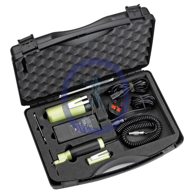 DeSoutter Medical Clean Cast CSP-201 Pediatric Electric Cast Saw carrying case open, displaying two green battery packs, a charger, and cables neatly arranged in molded compartments.